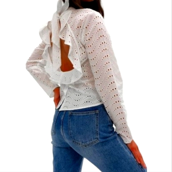 Missguided White Broderie Anglaise Long Sleeve Open Back Blouse - Picture 2 of 7